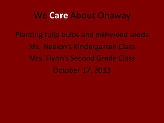 We Care About Onaway
Planting tulip bulbs and milkweed seeds
Ms. Neelon’s Kindergarten Class
Mrs. Flynn’s Second Grade Class
October 17, 2013

 