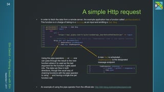 ElmDetroit–PlantingSeedswithElm
September7,201734
 In order to fetch the data from a remote server, the example application has a function called getRandomGif.
This function is in charge of taking in a String as an input and emitting a Cmd Msg
 An example of using the pipe-operator from the official site: http://elm-lang.org/examples/pipes/code
A simple Http request
A new Cmd is scheduled…
ImgResponse is the designated
message endpoint
Using the pipe-operators |> or <| one
can pass through the result to the next
function where it is used as the last
argument for the function it gets piped
into. The data can flow in both
directions, though the usual way of
chaining functions with the pipe operator
is using |> and having a single line per
function call.
 