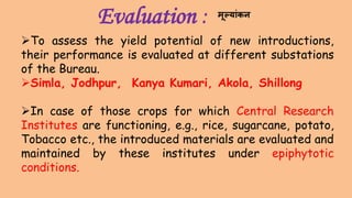 To assess the yield potential of new introductions,
their performance is evaluated at different substations
of the Bureau.
Simla, Jodhpur, Kanya Kumari, Akola, Shillong
In case of those crops for which Central Research
Institutes are functioning, e.g., rice, sugarcane, potato,
Tobacco etc., the introduced materials are evaluated and
maintained by these institutes under epiphytotic
conditions.
Evaluation : मूल्ांकन
 