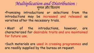 •Promising introductions or selections from the
introductions may be increased and released as
varieties after the necessary trials.
• Most of the introductions, however, are
characterized for desirable traits and are maintained
for future use.
•Such materials are used in crossing programmes and
are readily supplied by the bureau on request.
Multiplication and Distribution :
गुणन और वितरण
 