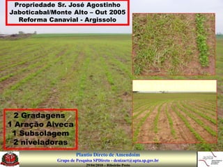 Propriedade Sr. José Agostinho
Jaboticabal/Monte Alto – Out 2005
  Reforma Canavial - Argissolo




                                                         Após Aplicação Herbicida


  2 Gradagens
1 Aração Aiveca
 1 Subsolagem
 2 niveladoras
                      Plantio Direto de Amendoim
             Grupo de Pesquisa SPDireto - denizart@apta.sp.gov.br
                           29/04/2010 – Ribeirão Preto
 