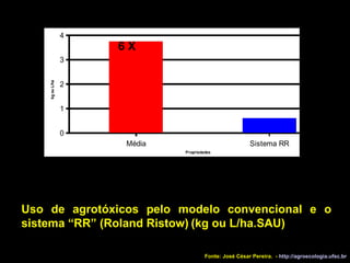 Uso de agrotóxicos pelo modelo convencional e o sistema “RR” (Roland Ristow)   (kg ou L/ha.SAU)‏ 6 X Fonte: José César Pereira.  -  http://agroecologia.ufsc.br 
