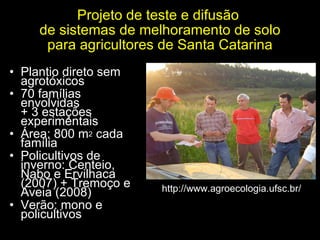 Projeto de teste e difusão  de sistemas de melhoramento de solo para agricultores de Santa Catarina Plantio direto sem agrotóxicos 70 famílias envolvidas  + 3 estações experimentais Área: 800 m 2  cada família Policultivos de inverno: Centeio, Nabo e Ervilhaca (2007) + Tremoço e Aveia (2008)‏ Verão: mono e policultivos http://www.agroecologia.ufsc.br/ 