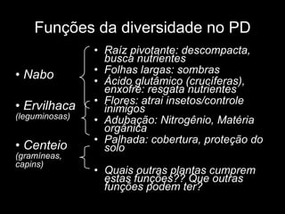 Nabo Ervilhaca  (leguminosas)‏ Centeio  (gramíneas, capins)‏ Raíz pivotante: descompacta, busca nutrientes Folhas largas: sombras Ácido glutâmico (crucíferas), enxofre: resgata nutrientes Flores: atrai insetos/controle inimigos Adubação: Nitrogênio, Matéria orgânica Palhada: cobertura, proteção do solo Quais outras plantas cumprem estas funções?? Que outras funções podem ter? Funções da diversidade no PD 