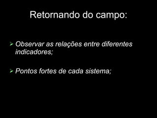 Retornando do campo: Observar as relações entre diferentes indicadores; Pontos fortes de cada sistema; 