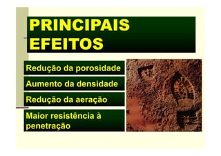 PRINCIPAIS
EFEITOS
Redução da porosidade
Aumento da densidade
Maior resistência à
penetração
Redução da aeração
 