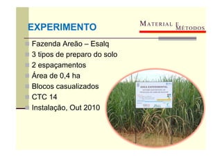 MATERIAL E
 Fazenda Areão – Esalq
 3 tipos de preparo do solo
 2 espaçamentos
 Área de 0,4 ha
 Blocos casualizados
 CTC 14
 Instalação, Out 2010
EXPERIMENTO MÉTODOS
 