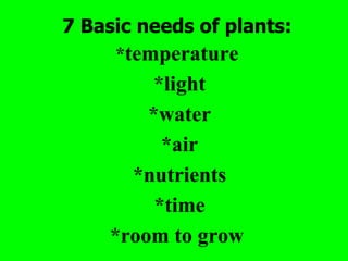 7 Basic needs of plants:
     *temperature
        *light
        *water
          *air
      *nutrients
         *time
    *room to grow
 