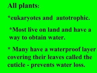 All plants:
*eukaryotes and autotrophic.
*Most live on land and have a
way to obtain water.
* Many have a waterproof layer
covering their leaves called the
cuticle - prevents water loss.
 