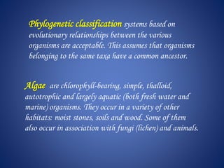 Phylogenetic classification systems based on
evolutionary relationships between the various
organisms are acceptable. This assumes that organisms
belonging to the same taxa have a common ancestor.
Algae are chlorophyll-bearing, simple, thalloid,
autotrophic and largely aquatic (both fresh water and
marine) organisms. They occur in a variety of other
habitats: moist stones, soils and wood. Some of them
also occur in association with fungi (lichen) and animals.
 