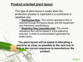Product oriented plant layout

  This type of plant layout is useful when the
  production process is organized in a continuous or
  repetitive way.
      Continuous flow : The correct operations flow is
     reached through the layout design and the equipment
     and machinery specifications.
      Repetitive flow (assembly line): The correct
     operations flow will be based in a line balancing
     exercise, in order to avoid problems generated by
     bottle necks.

     The plant layout will be based in allocating a
   machine as close as possible to the next one in
   line, in the correct sequence to manufacture the
                         product.


                                                       Page 7
 