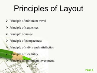 Page 5
Principles of Layout
 Principle of minimum travel
 Principle of sequences
 Principle of usage
 Principle of compactness
 Principle of safety and satisfaction
 Principle of flexibility
 Principle of minimum investment.
 