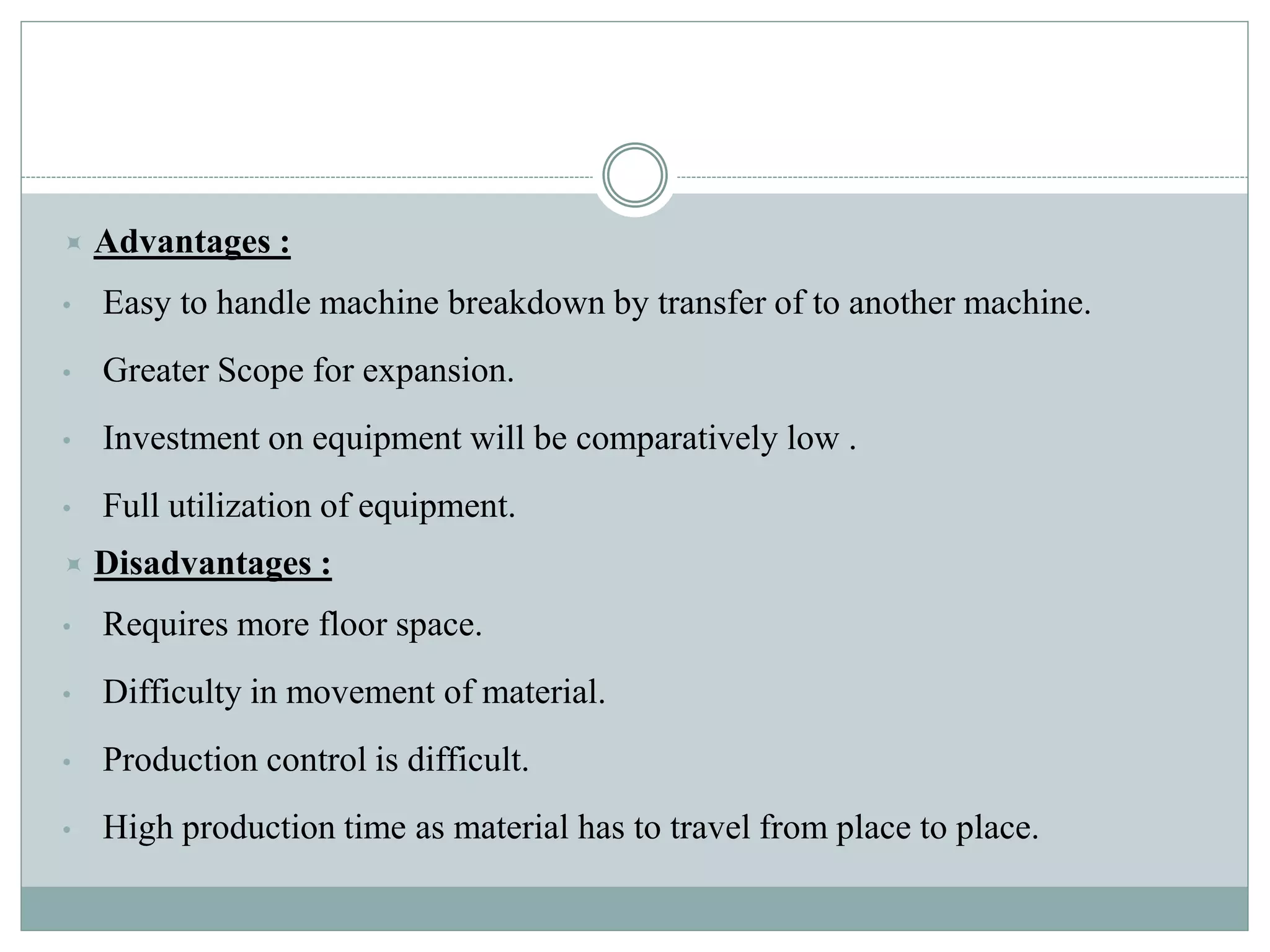  Advantages :
• Easy to handle machine breakdown by transfer of to another machine.
• Greater Scope for expansion.
• Investment on equipment will be comparatively low .
• Full utilization of equipment.
 Disadvantages :
• Requires more floor space.
• Difficulty in movement of material.
• Production control is difficult.
• High production time as material has to travel from place to place.
 