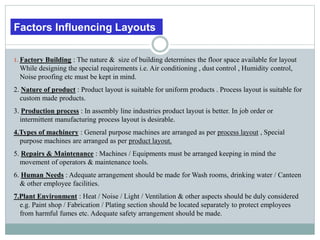 1. Factory Building : The nature & size of building determines the floor space available for layout
While designing the special requirements i.e. Air conditioning , dust control , Humidity control,
Noise proofing etc must be kept in mind.
2. Nature of product : Product layout is suitable for uniform products . Process layout is suitable for
custom made products.
3. Production process : In assembly line industries product layout is better. In job order or
intermittent manufacturing process layout is desirable.
4.Types of machinery : General purpose machines are arranged as per process layout , Special
purpose machines are arranged as per product layout.
5. Repairs & Maintenance : Machines / Equipments must be arranged keeping in mind the
movement of operators & maintenance tools.
6. Human Needs : Adequate arrangement should be made for Wash rooms, drinking water / Canteen
& other employee facilities.
7.Plant Environment : Heat / Noise / Light / Ventilation & other aspects should be duly considered
e.g. Paint shop / Fabrication / Plating section should be located separately to protect employees
from harmful fumes etc. Adequate safety arrangement should be made.
Factors Influencing Layouts
 