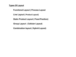 Types Of Layout
Functional Layout ( Process Layout
Line Layout ( Product Layout)
Static Product Layout ( Fixed Position)
Group Layout ( Cellular Layout)
Combination layout ( Hybrid Layout)
 