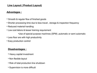 Advantages :
• Smooth & regular flow of finished goods
• Shorter processing time due to less travel , storage & inspection frequency
• Reduced material handling
• Low cost labors & lesser training requirement
•Use of special purpose machines (SPM) ,automatic or semi automatic
• Less floor are with high productivity
• Easy production control
Disadvantages :
• Heavy capital investment
• Non flexible layout
• Risk of total production line shutdown
• Supervision is more difficult
Line Layout ( Product Layout)
 