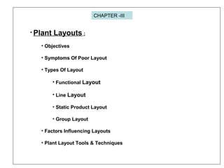 • Plant Layouts :
• Objectives
• Symptoms Of Poor Layout
• Types Of Layout
• Functional Layout
• Line Layout
• Static Product Layout
• Group Layout
• Factors Influencing Layouts
• Plant Layout Tools & Techniques
CHAPTER -III
 