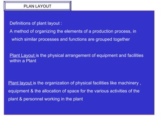 Definitions of plant layout :
A method of organizing the elements of a production process, in
which similar processes and functions are grouped together
Plant Layout is the physical arrangement of equipment and facilities
within a Plant
Plant layout is the organization of physical facilities like machinery ,
equipment & the allocation of space for the various activities of the
plant & personnel working in the plant
PLAN LAYOUT
 