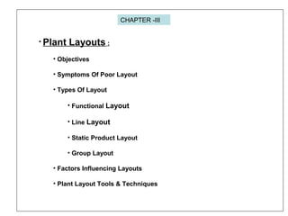 • Plant Layouts :
• Objectives
• Symptoms Of Poor Layout
• Types Of Layout
• Functional Layout
• Line Layout
• Static Prod...