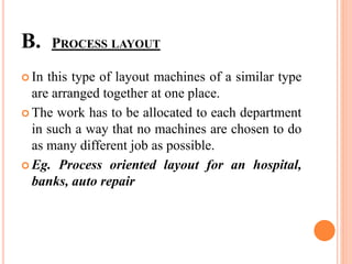 B. PROCESS LAYOUT
 In this type of layout machines of a similar type
are arranged together at one place.
 The work has to be allocated to each department
in such a way that no machines are chosen to do
as many different job as possible.
 Eg. Process oriented layout for an hospital,
banks, auto repair
 