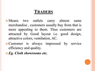 TRADERS
 Means two outlets carry almost same
merchandise , customers usually buy from that is
more appealing to them. Thus customers are
attracted by Good layout i.e. good design,
attractive colors, ventilation, AC.
 Customer is always impressed by service
efficiency and quality.
 Eg. Cloth showrooms etc.
 