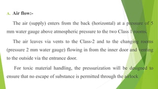 A. Air flow:-
The air (supply) enters from the back (horizontal) at a pressure of 5
mm water gauge above atmospheric pressure to the two Class 1 rooms.
The air leaves via vents to the Class-2 and to the changing rooms
(pressure 2 mm water gauge) flowing in from the inner door and venting
to the outside via the entrance door.
For toxic material handling, the pressurization will be designed to
ensure that no escape of substance is permitted through the airlock
 