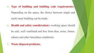 5. Type of building and building code requirements:-
Depending on the space, the choice between single and
multi-store building can be made.
6. Health and safety consideration:- working space should
be safe, well ventilated and free from dust, noise, fumes,
odours and other hazardous conditions.
7. Waste disposal problems.
 