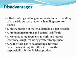 Disadvantages:
 1. Backtracking and long movements occur in handling
of materials. As such, material handling costs are
h...