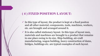 ( 4 ) FIXED POSITION LAYOUT:
 In this type of layout, the product is kept at a fixed positon
and all other material; components, tools, machines, workers,
etc. are brought and arranged around it.
 It is also called stationary layout. In this type of layout men,
materials and machines are brought to a product that remains
in one place owing to its size. Ship-building, air-craft
manufacturing, wagon building, heavy construction of dams,
bridges, buildings etc. are typical examples of such layout.
 