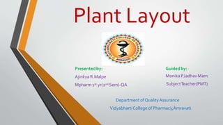 Plant Layout
Presentedby:
Ajinkya R.Malpe
Mpharm 1st yr(2nd Sem)-QA
Guidedby:
Monika P
.Jadhav Mam
SubjectTeacher(PMT)
Department ofQualityAssurance
VidyabhartiCollege of Pharmacy,Amravati.
 