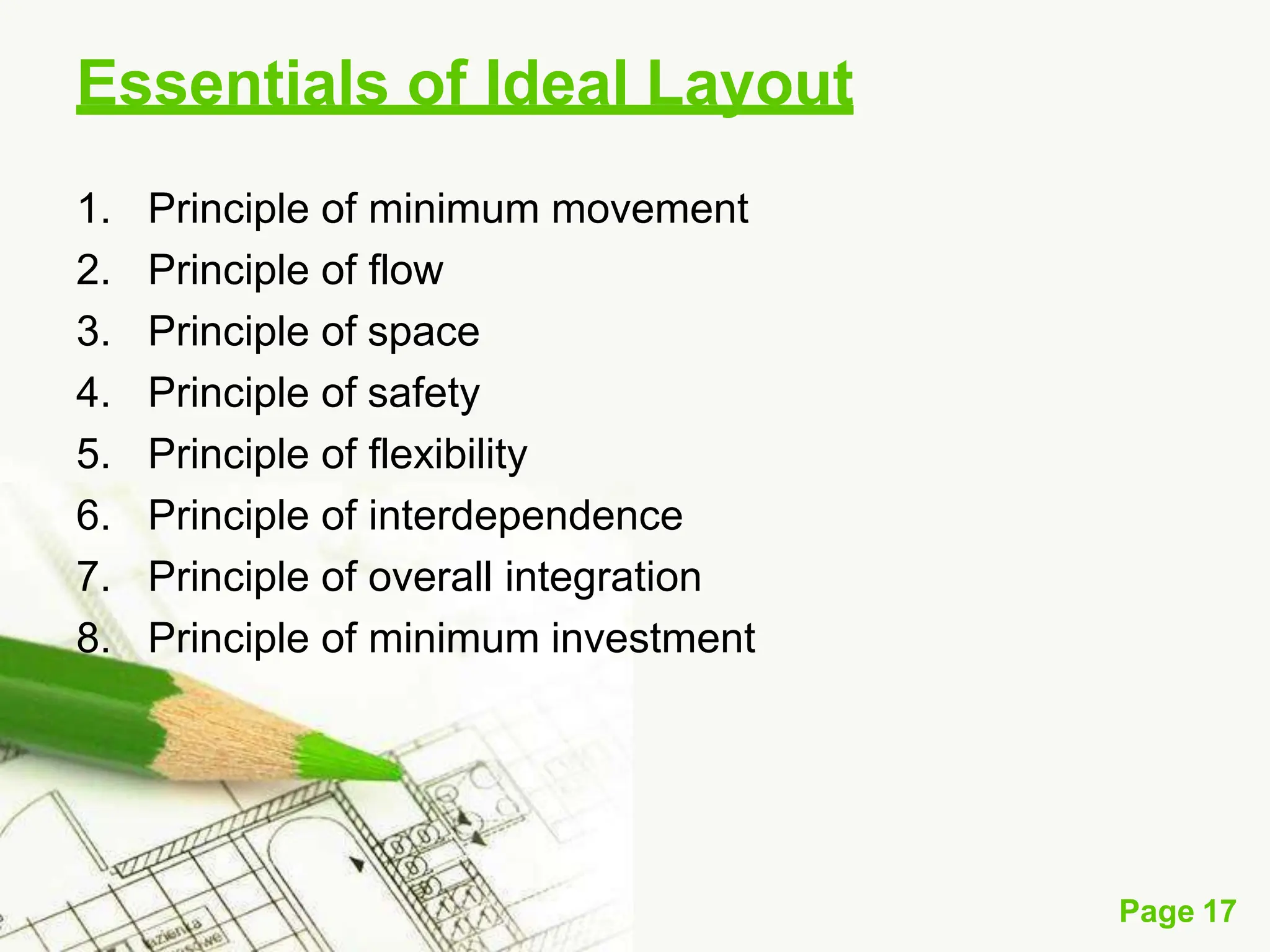 Essentials of Ideal Layout
Page 17
1. Principle of minimum movement
2. Principle of flow
3. Principle of space
4. Principle of safety
5. Principle of flexibility
6. Principle of interdependence
7. Principle of overall integration
8. Principle of minimum investment
 