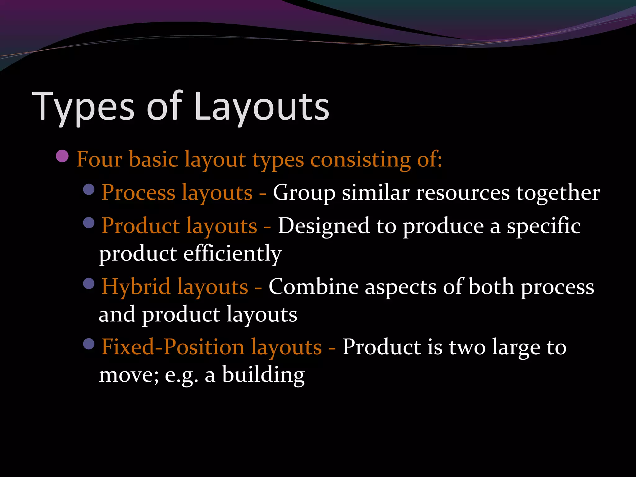 Types of Layouts
Four basic layout types consisting of:
Process layouts - Group similar resources together
Product layouts - Designed to produce a specific
product efficiently
Hybrid layouts - Combine aspects of both process
and product layouts
Fixed-Position layouts - Product is two large to
move; e.g. a building
 