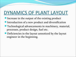 DYNAMICS OF PLANT LAYOUT 
Increase in the output of the existing product 
Introduction of a new product and diversification 
Technological advancements in machinery, material, 
processes, product design, fuel etc. 
Deficiencies in the layout unnoticed by the layout 
engineer in the beginning. 
 