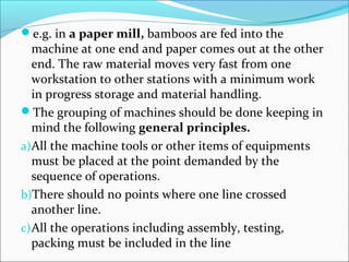e.g. in a paper mill, bamboos are fed into the 
machine at one end and paper comes out at the other 
end. The raw material moves very fast from one 
workstation to other stations with a minimum work 
in progress storage and material handling. 
The grouping of machines should be done keeping in 
mind the following general principles. 
a)All the machine tools or other items of equipments 
must be placed at the point demanded by the 
sequence of operations. 
b)There should no points where one line crossed 
another line. 
c)All the operations including assembly, testing, 
packing must be included in the line 
 