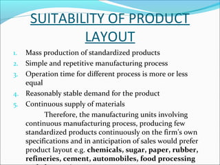 SUITABILITY OF PRODUCT 
LAYOUT 
1. Mass production of standardized products 
2. Simple and repetitive manufacturing process 
3. Operation time for different process is more or less 
equal 
4. Reasonably stable demand for the product 
5. Continuous supply of materials 
Therefore, the manufacturing units involving 
continuous manufacturing process, producing few 
standardized products continuously on the firm’s own 
specifications and in anticipation of sales would prefer 
product layout e.g. chemicals, sugar, paper, rubber, 
refineries, cement, automobiles, food processing 
and electronics etc. 
 
