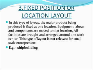3.FIXED POSITION OR 
LOCATION LAYOUT 
In this type of layout, the major product being 
produced is fixed at one location. Equipment labour 
and components are moved to that location. All 
facilities are brought and arranged around one work 
center. This type of layout is not relevant for small 
scale entrepreneur. 
E.g. - shipbuilding 
 