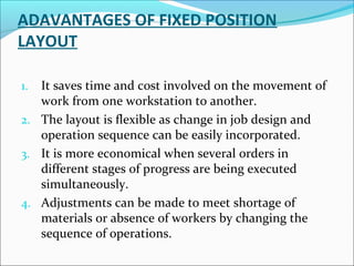 ADAVANTAGES OF FIXED POSITION 
LAYOUT 
1. It saves time and cost involved on the movement of 
work from one workstation to another. 
2. The layout is flexible as change in job design and 
operation sequence can be easily incorporated. 
3. It is more economical when several orders in 
different stages of progress are being executed 
simultaneously. 
4. Adjustments can be made to meet shortage of 
materials or absence of workers by changing the 
sequence of operations. 
 