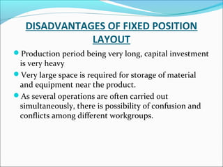 DISADVANTAGES OF FIXED POSITION 
LAYOUT 
Production period being very long, capital investment 
is very heavy 
Very large space is required for storage of material 
and equipment near the product. 
As several operations are often carried out 
simultaneously, there is possibility of confusion and 
conflicts among different workgroups. 
 