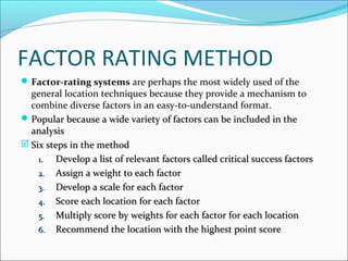 FACTOR RATING METHOD 
Factor-rating systems are perhaps the most widely used of the 
general location techniques because they provide a mechanism to 
combine diverse factors in an easy-to-understand format. 
Popular because a wide variety ooff ffaaccttoorrss ccaann bbee iinncclluuddeedd iinn tthhee 
aannaallyyssiiss 
SSiixx sstteeppss iinn tthhee mmeetthhoodd 
11.. DDeevveelloopp aa lliisstt ooff rreelleevvaanntt ffaaccttoorrss ccaalllleedd ccrriittiiccaall ssuucccceessss ffaaccttoorrss 
22.. AAssssiiggnn aa wweeiigghhtt ttoo eeaacchh ffaaccttoorr 
33.. DDeevveelloopp aa ssccaallee ffoorr eeaacchh ffaaccttoorr 
44.. SSccoorree eeaacchh llooccaattiioonn ffoorr eeaacchh ffaaccttoorr 
55.. MMuullttiippllyy ssccoorree bbyy wweeiigghhttss ffoorr eeaacchh ffaaccttoorr ffoorr eeaacchh llooccaattiioonn 
66.. RReeccoommmmeenndd tthhee llooccaattiioonn wwiitthh tthhee hhiigghheesstt ppooiinntt ssccoorree 
 