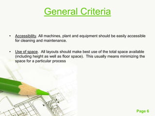 General Criteria
•

Accessibility. All machines, plant and equipment should be easily accessible
for cleaning and maintena...