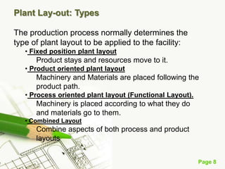 Plant Lay-out: Types
The production process normally determines the
type of plant layout to be applied to the facility:
• ...