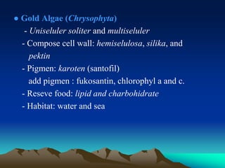 ● Gold Algae (Chrysophyta)
- Uniseluler soliter and multiseluler
- Compose cell wall: hemiselulosa, silika, and
pektin
- Pigmen: karoten (santofil)
add pigmen : fukosantin, chlorophyl a and c.
- Reseve food: lipid and charbohidrate
- Habitat: water and sea
 