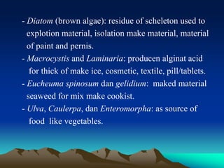- Diatom (brown algae): residue of scheleton used to
explotion material, isolation make material, material
of paint and pernis.
- Macrocystis and Laminaria: producen alginat acid
for thick of make ice, cosmetic, textile, pill/tablets.
- Eucheuma spinosum dan gelidium: maked material
seaweed for mix make cookist.
- Ulva, Caulerpa, dan Enteromorpha: as source of
food like vegetables.
 