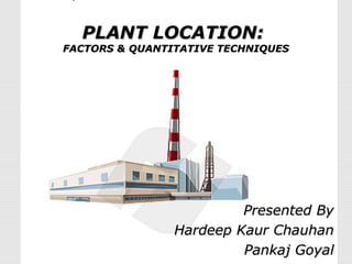 PLANT LOCATION:PLANT LOCATION:
FACTORS & QUANTITATIVE TECHNIQUESFACTORS & QUANTITATIVE TECHNIQUES
Presented ByPresented By
Hardeep Kaur ChauhanHardeep Kaur Chauhan
Pankaj GoyalPankaj Goyal
 