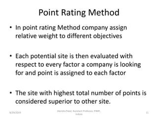 Point Rating Method
• In point rating Method company assign
relative weight to different objectives
• Each potential site is then evaluated with
respect to every factor a company is looking
for and point is assigned to each factor
• The site with highest total number of points is
considered superior to other site.
8/29/2019 11
Jitendra Patel, Assistant Professor, PIMR ,
Indore
 