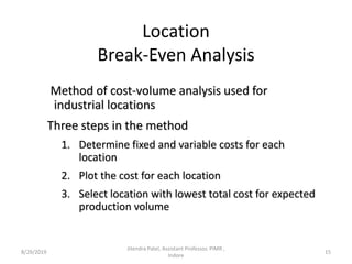 Location
Break-Even Analysis
Method of cost-volume analysis used for
industrial locations
Three steps in the method
1. Determine fixed and variable costs for each
location
2. Plot the cost for each location
3. Select location with lowest total cost for expected
production volume
8/29/2019 15
Jitendra Patel, Assistant Professor, PIMR ,
Indore
 