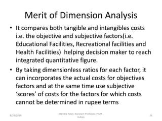 Merit of Dimension Analysis
• It compares both tangible and intangibles costs
i.e. the objective and subjective factors(i.e.
Educational Facilities, Recreational facilities and
Health Facilities) helping decision maker to reach
integrated quantitative figure.
• By taking dimensionless ratios for each factor, it
can incorporates the actual costs for objectives
factors and at the same time use subjective
‘scores’ of costs for the factors for which costs
cannot be determined in rupee terms
8/29/2019 26
Jitendra Patel, Assistant Professor, PIMR ,
Indore
 