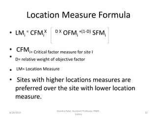 Location Measure Formula
• LMi
= CFMi
X D X OFMi
+(1-D) SFMi
• CFMi= Critical factor measure for site I
• D= relative weight of objective factor
• LM= Location Measure
• Sites with higher locations measures are
preferred over the site with lower location
measure.
8/29/2019 32
Jitendra Patel, Assistant Professor, PIMR ,
Indore
 