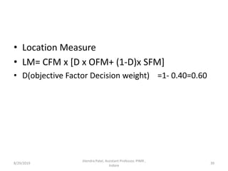 • Location Measure
• LM= CFM x [D x OFM+ (1-D)x SFM]
• D(objective Factor Decision weight) =1- 0.40=0.60
8/29/2019 39
Jitendra Patel, Assistant Professor, PIMR ,
Indore
 