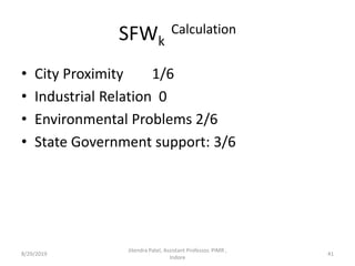 SFWk
Calculation
• City Proximity 1/6
• Industrial Relation 0
• Environmental Problems 2/6
• State Government support: 3/6
8/29/2019 41
Jitendra Patel, Assistant Professor, PIMR ,
Indore
 